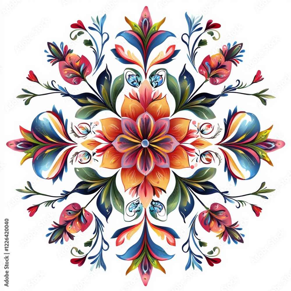 Fototapeta premium Vibrant Floral Mandala with Colorful Petals and Intricate Leaf Patterns for Creative Design Projects