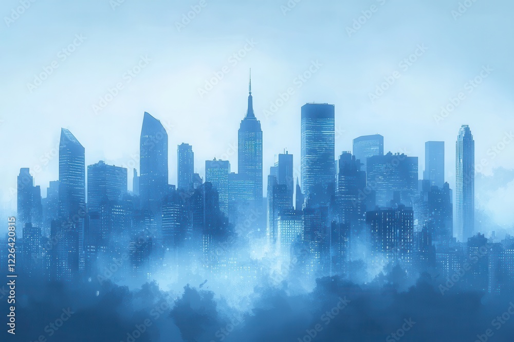 Naklejka premium Misty city skyline at dawn, skyscrapers shrouded in fog. Ideal for projects needing a calm, urban atmosphere, conveying mystery, peace, or dreams.