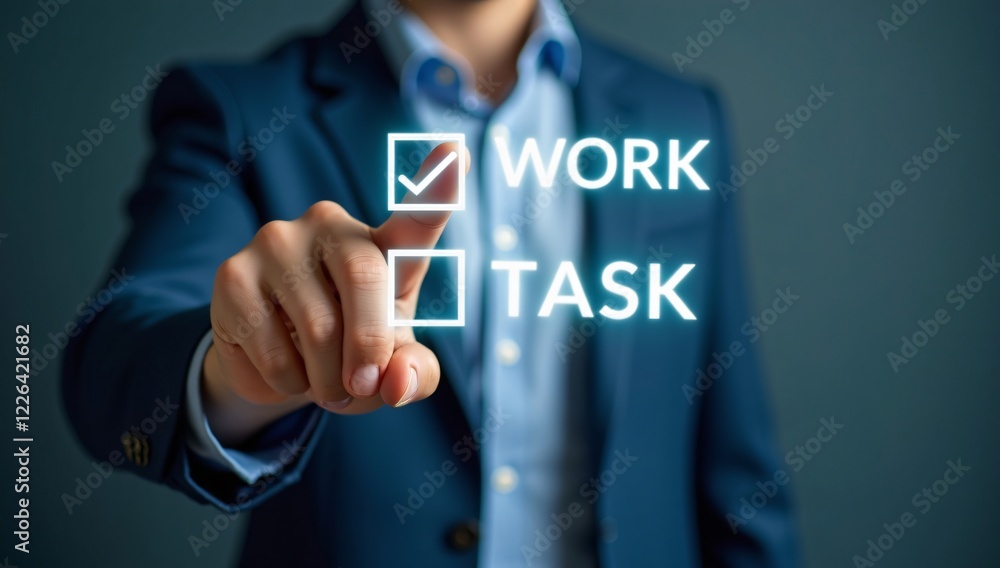 Businessman touching to tick correct mark in checklist with progressive loading status to remind work task progressive for project develop management and tracking concept Businessman touching to tick correct mark in checklist with progressive loading status to remind work task progressive for project develop management and tracking concept