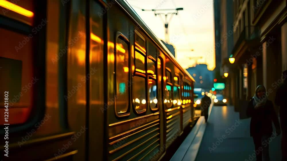 Gold Train at Platform with Cityscape and Warm Sky Gold Train at Platform with Cityscape and Warm Sky