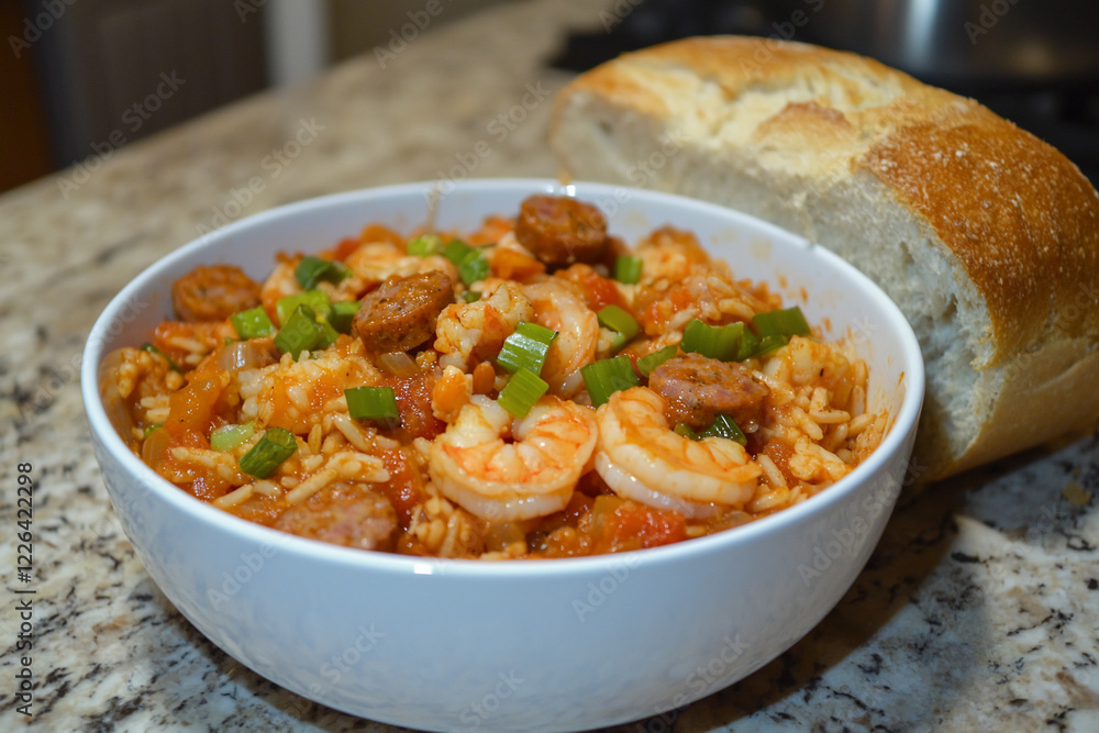 Bowl of shrimp and sausage jambalaya on a granite countertop with a loaf of bread nearby Bowl of shrimp and sausage jambalaya on a granite countertop with a loaf of bread nearby