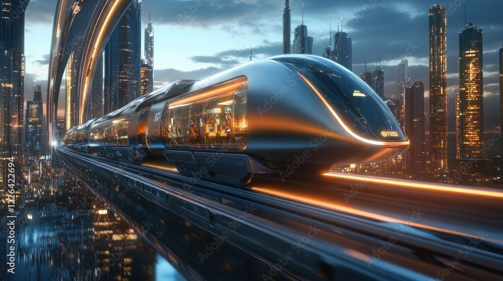 Futuristic high-speed train on elevated track above a modern city at night. Futuristic high-speed train on elevated track above a modern city at night.