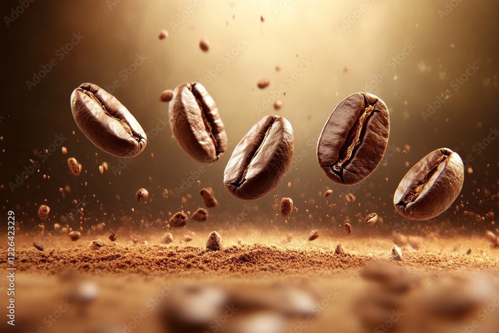 Roasted coffee beans falling onto ground coffee. Roasted coffee beans falling onto ground coffee.