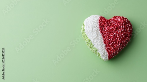 Heart-shaped decoration, red, white, green threads, pastel background, Valentine's Day