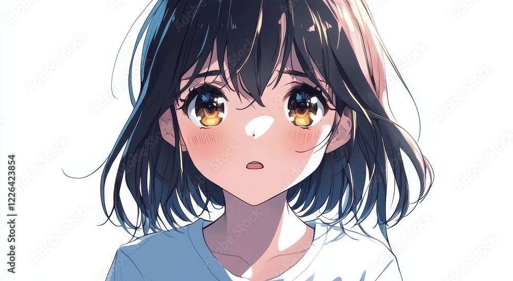 Anime girl with surprised expression, bob haircut, and golden eyes. Anime girl with surprised expression, bob haircut, and golden eyes.