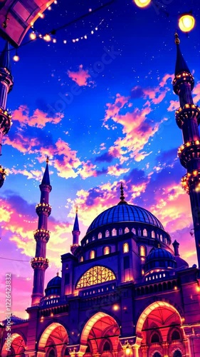 Wallpaper Mural Majestic Sunset Over an Ornate Mosque with Twinkling Lights and Vibrant Skies Torontodigital.ca