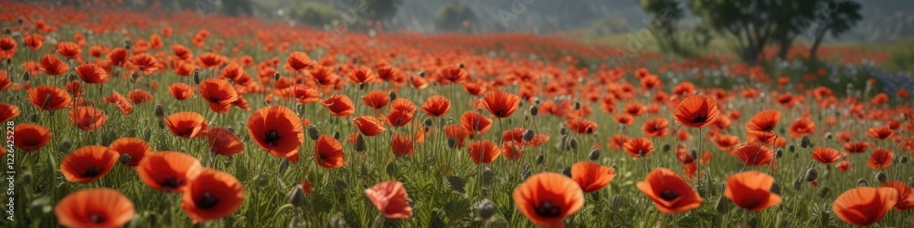Obraz premium Blooming poppies swaying gently in the breeze , delicate, movement