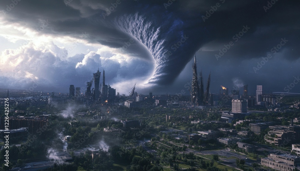 Fototapeta premium Cityscape under a swirling tornado, showcasing dramatic sky and destruction in view