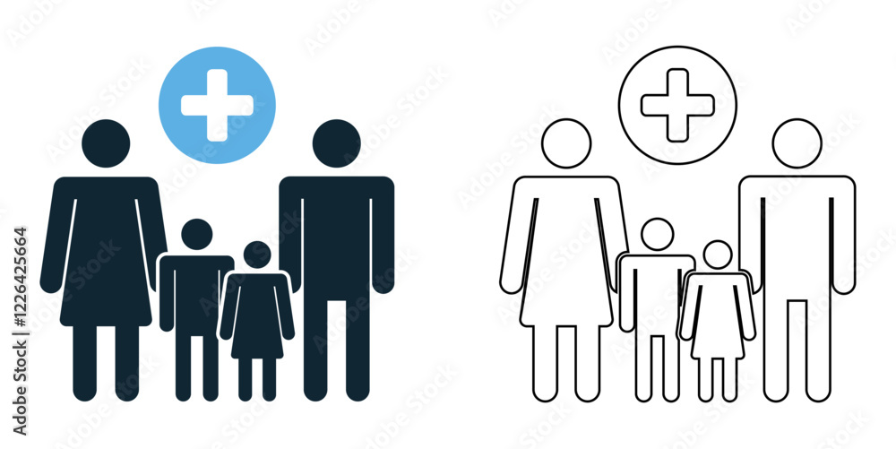 family healthcare icon vector, parents, children, medical cross, medical services, insurance, and wellness pictogram symbol ui and ux design, glyphs and stroke line family healthcare icon vector, parents, children, medical cross, medical services, insurance, and wellness pictogram symbol ui and ux design, glyphs and stroke line