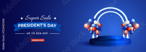 Presidents Day Super Sale Background Design with podium, balloon, cloud suitable for Banner, Poster, Greeting Card.