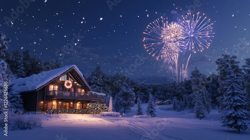 Snowy chalet at night with fireworks display