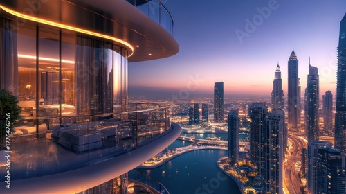 Luxurious penthouse apartment balcony overlooking a vibrant cityscape at dawn