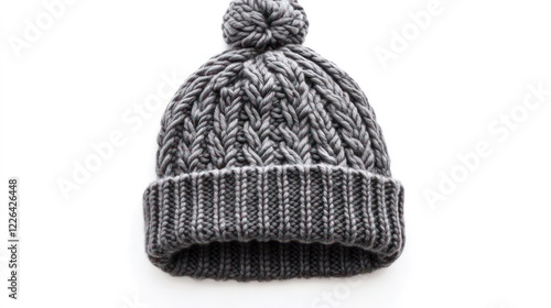 Gray knitted bobble hat flat lay isolated on white background isolated on white background, photo