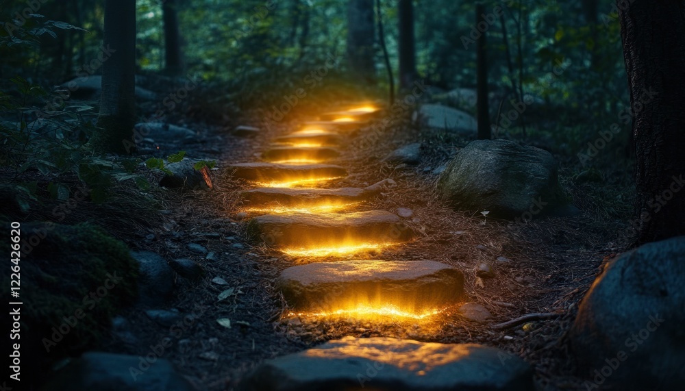 Illuminated stone path in dark forest with glowing steps leading onward Illuminated stone path in dark forest with glowing steps leading onward