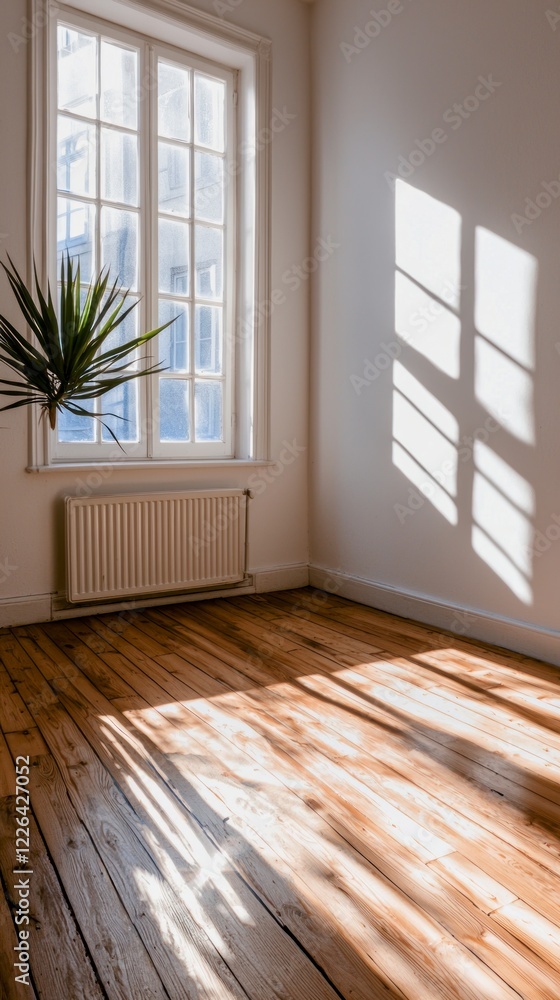 Fototapeta premium Sunlit Empty Room Wooden Floor White Walls Window Light Minimalist Interior Bright S