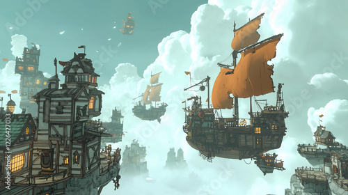 A whimsical sky filled with floating ships and cloud-covered buildings, showcasing a fantastical world photo