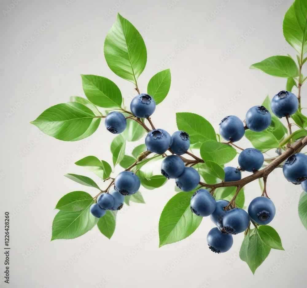 blueberry branch with green leaves on white background, flower, fruit blueberry branch with green leaves on white background, flower, fruit