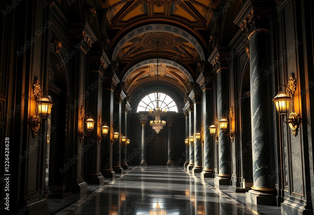Fototapeta premium Opulent Grand Hallway with Luxurious Chandeliers and Ornate Ceiling Design, Generative AI