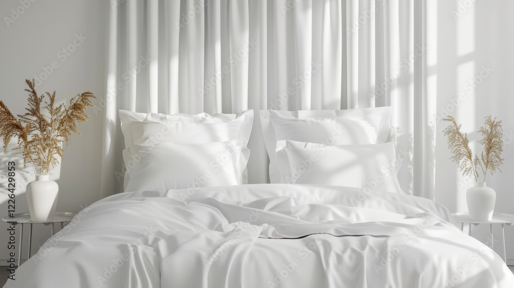 serene bedroom featuring white bed with fluffy pillows, soft bedding, and decorative vases with dried plants, creating calm and inviting atmosphere serene bedroom featuring white bed with fluffy pillows, soft bedding, and decorative vases with dried plants, creating calm and inviting atmosphere