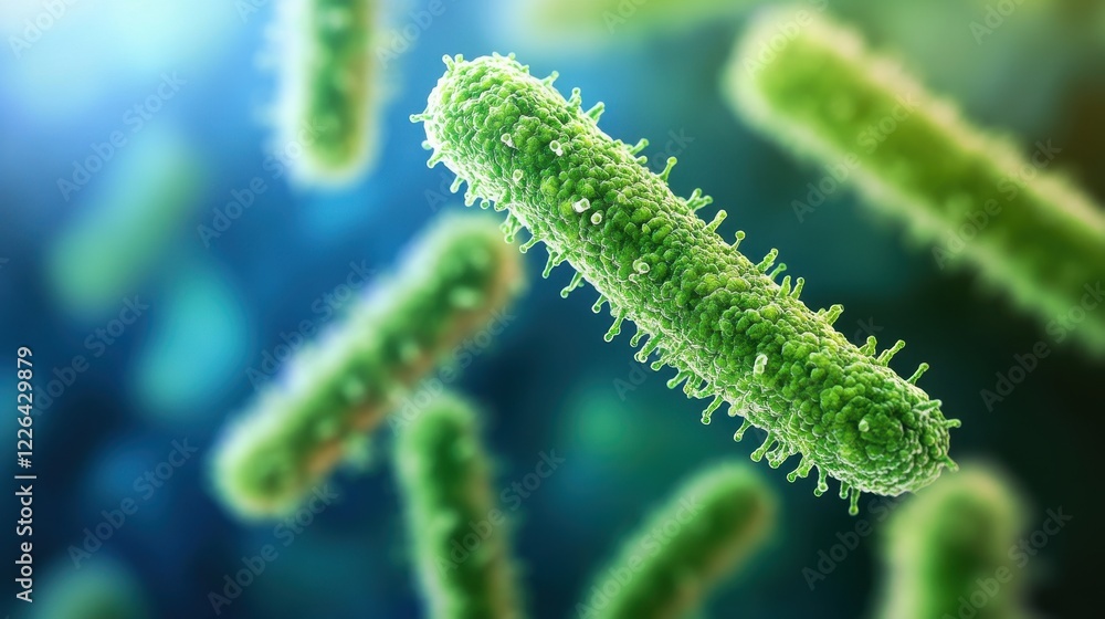 Naklejka premium Microscopic image of rod-shaped bacteria, vibrant green, detailed texture. Illustrates microbiology, disease, or health-related concepts, ideal for scientific visuals.