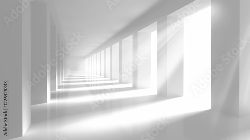 bright, minimalist corridor with white walls and columns, creating serene and spacious atmosphere. light enhances clean lines and depth of space