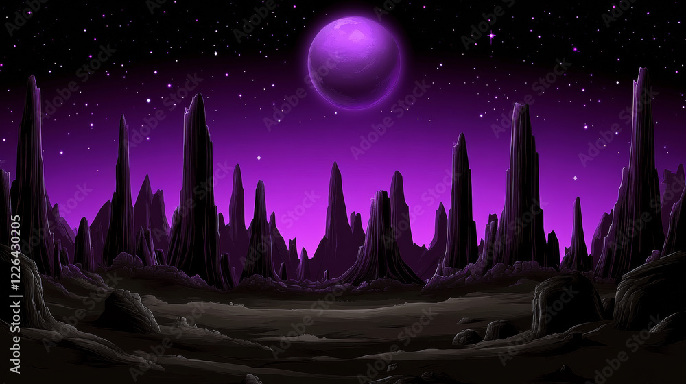 Alien landscape with purple sky and rocky formations under starry night Alien landscape with purple sky and rocky formations under starry night