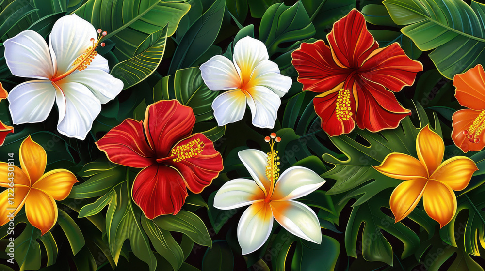 Vibrant tropical flowers in various colors, including red, white, and yellow, surrounded by lush green leaves create lively and exotic atmosphere Vibrant tropical flowers in various colors, including red, white, and yellow, surrounded by lush green leaves create lively and exotic atmosphere