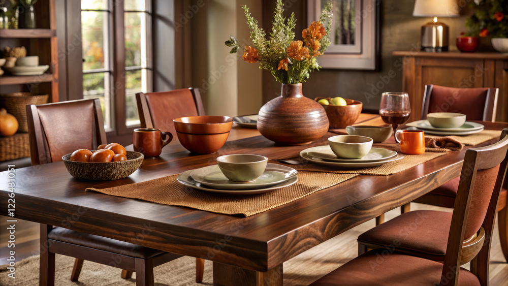 Fototapeta premium warm and inviting kitchen table setting with rustic decor and flowers
