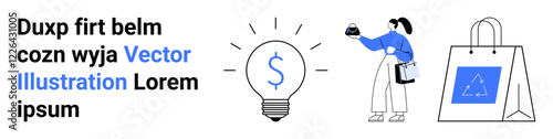 Light bulb with dollar sign symbolizing finance, woman holding shopping bags, decorative elements. Ideal for e-commerce, retail, financial advice, online shopping, digital marketing, innovation flat