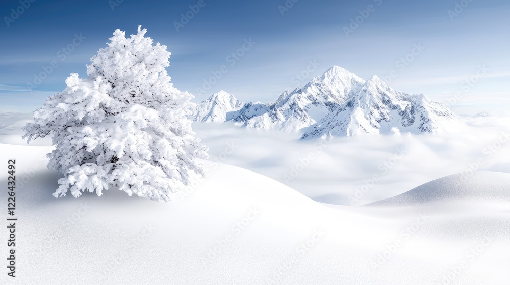Obraz premium Snowy mountain landscape with frosted tree, winter serenity, travel postcard