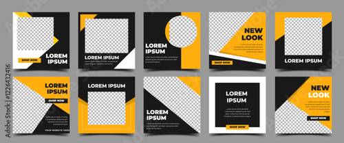 Set of square promotional banner template design. Black and yellow color minimalist shape with place for the photo