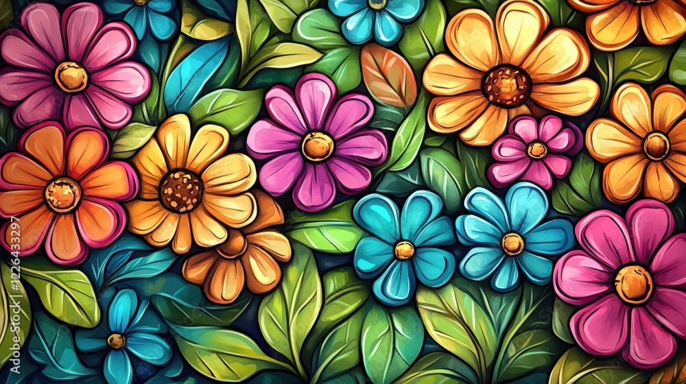 Enchanting Spring Blooms: Hand-Drawn Floral Art in Vintage Acrylic Painting Style Enchanting Spring Blooms: Hand-Drawn Floral Art in Vintage Acrylic Painting Style