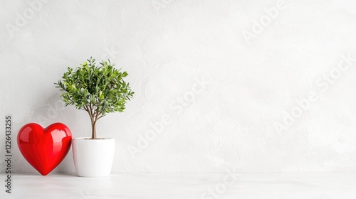 Red heart, potted plant, white background; Valentine's Day card design