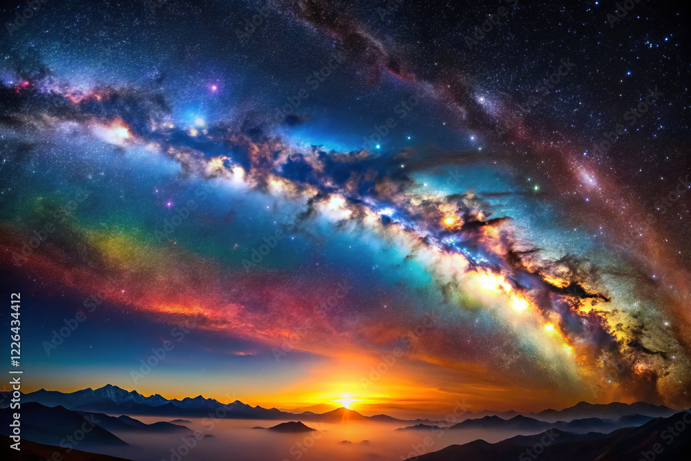 Fototapeta premium stunning view of colorful galaxy with sunset over mountains