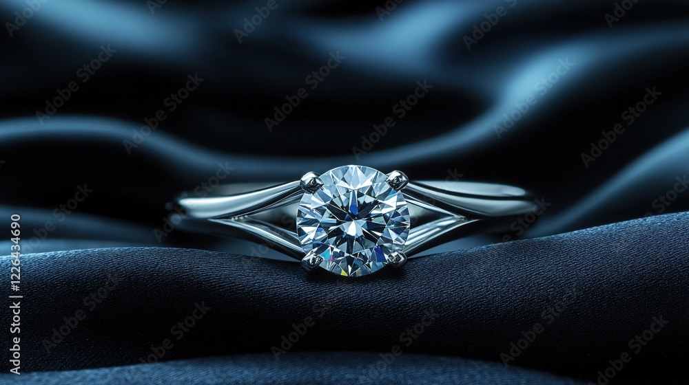 Fototapeta premium Elegant Diamond Ring on Dark Fabric with Soft Light and Subtle Reflections for Jewelry Design