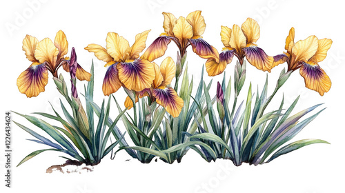 Watercolor illustration of Iris pseudata ‘Yarai’ (Japanese iris) with peachy-yellow petals and deep purple-burgundy centers photo