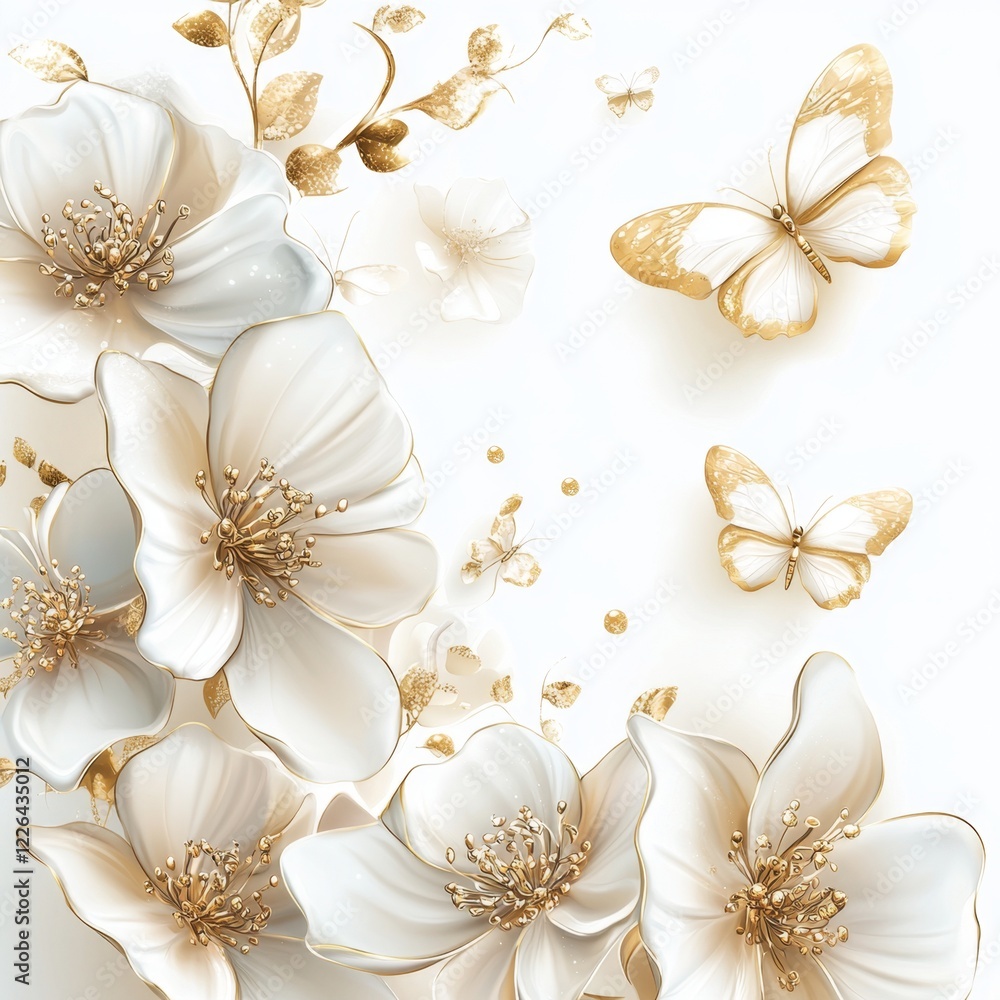 Elegant White Floral Design with Butterflies on a Soft Background for Sophisticated Art and Decor Projects Elegant White Floral Design with Butterflies on a Soft Background for Sophisticated Art and Decor Projects