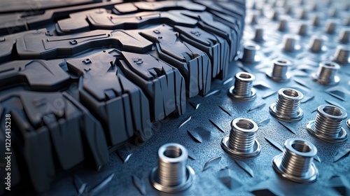 A close-up of tire treads with scattered lug nuts and bolts on a textured garage floor.