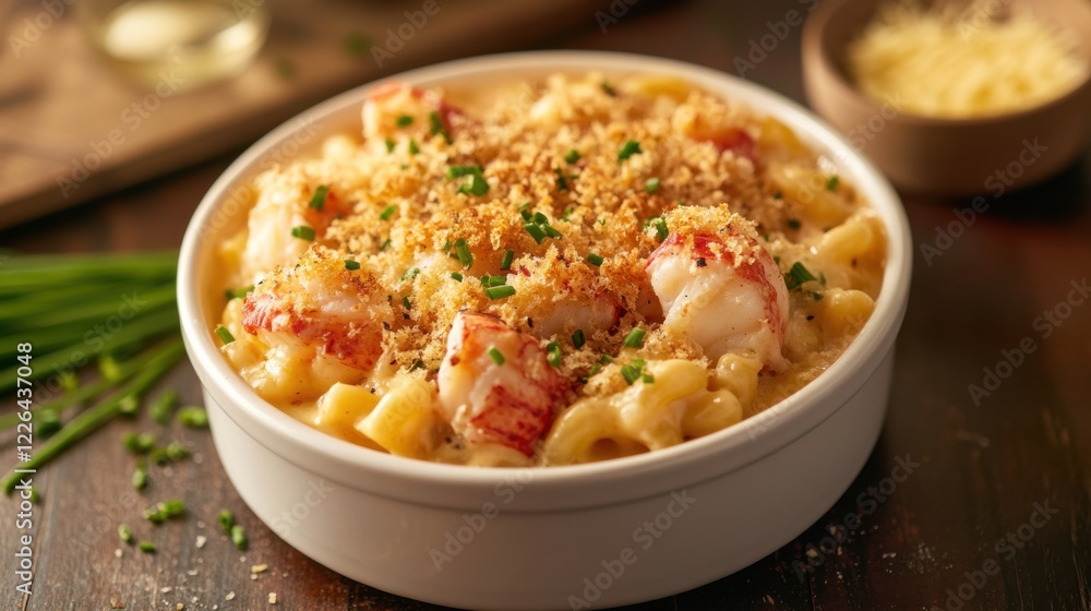 A creamy and flavorful lobster mac and cheese with tender chunks of lobster and a crispy breadcrumb topping, served in a white ceramic dish, Mac and cheese centered A creamy and flavorful lobster mac and cheese with tender chunks of lobster and a crispy breadcrumb topping, served in a white ceramic dish, Mac and cheese centered