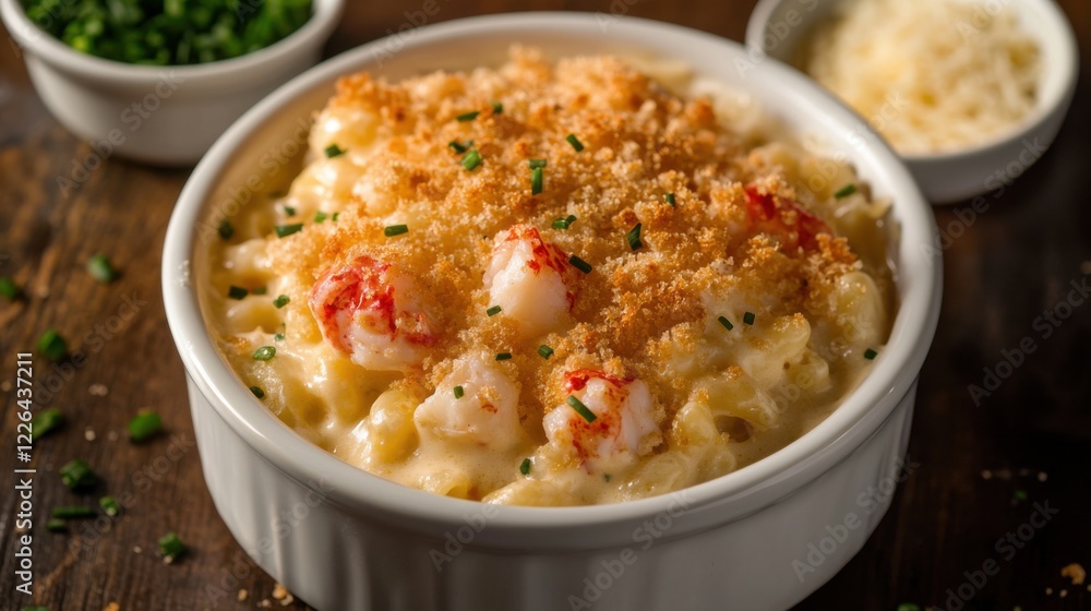 A creamy and flavorful lobster mac and cheese with tender chunks of lobster and a crispy breadcrumb topping, served in a white ceramic dish, Mac and cheese centered A creamy and flavorful lobster mac and cheese with tender chunks of lobster and a crispy breadcrumb topping, served in a white ceramic dish, Mac and cheese centered