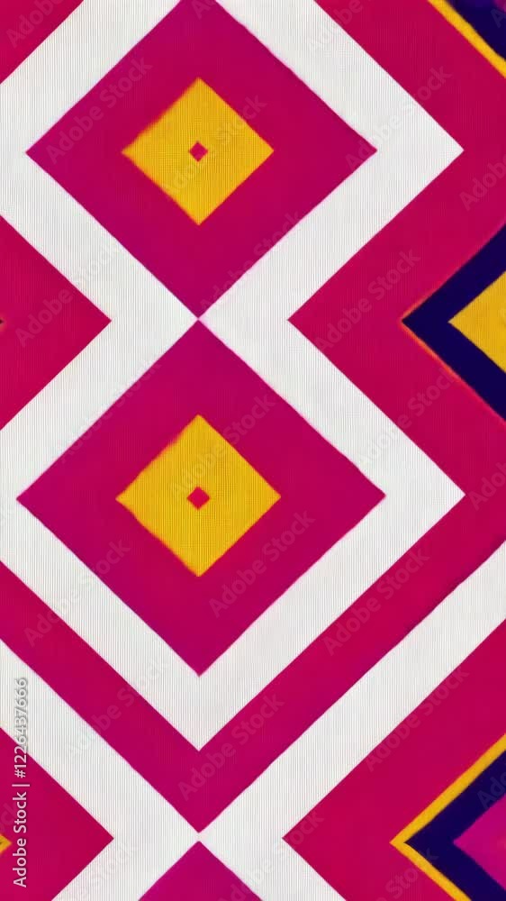 Colorful geometric fabric pattern featuring bright pink, yellow, and white diamond shapes displayed in a vibrant design Colorful geometric fabric pattern featuring bright pink, yellow, and white diamond shapes displayed in a vibrant design