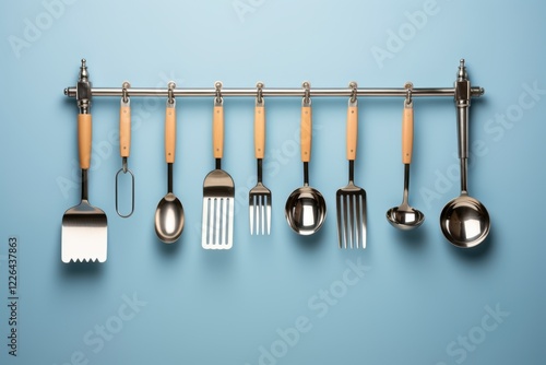 A stainless steel rack utensils with lightwood handles on a white background photo