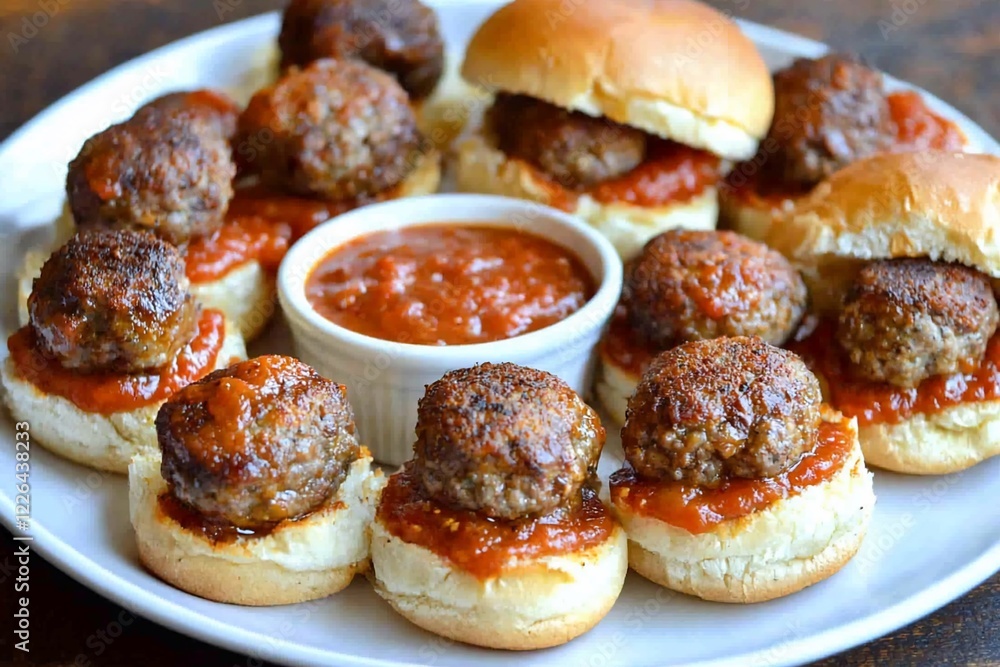 A platter of meatball sliders served with tangy sauce, perfect for parties or gatherings A platter of meatball sliders served with tangy sauce, perfect for parties or gatherings