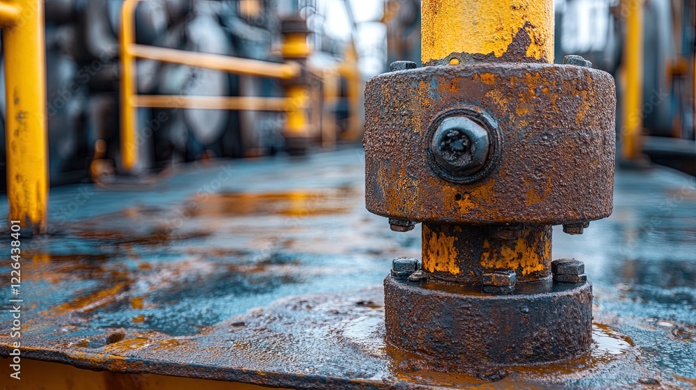 Close-up of rusted metal pipes and bolts on an oil rig, textured and weathered details Close-up of rusted metal pipes and bolts on an oil rig, textured and weathered details