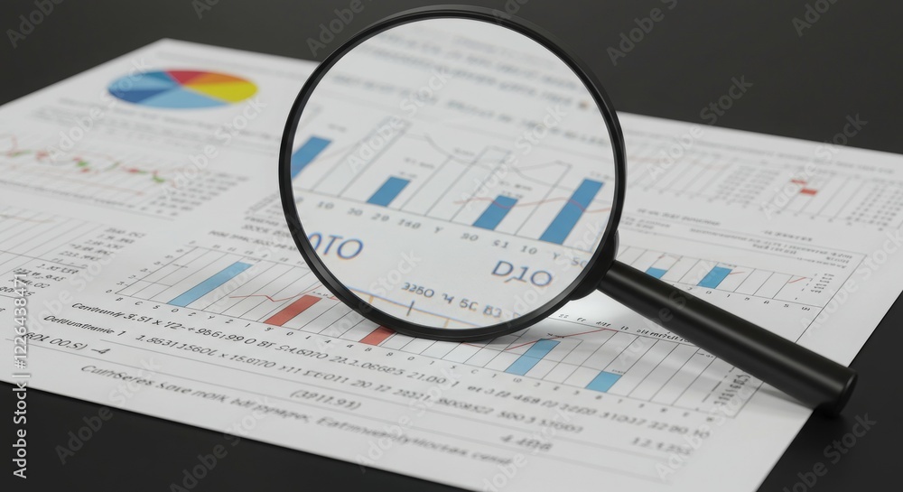 Close-up of Magnifying Glass on Financial Document - Business Finance Review Close-up of Magnifying Glass on Financial Document - Business Finance Review