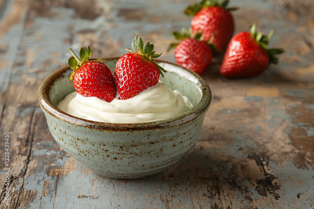 Fresh strawberries placed on creamy yogurt in a rustic bowl, set against a weathered wooden table Fresh strawberries placed on creamy yogurt in a rustic bowl, set against a weathered wooden table