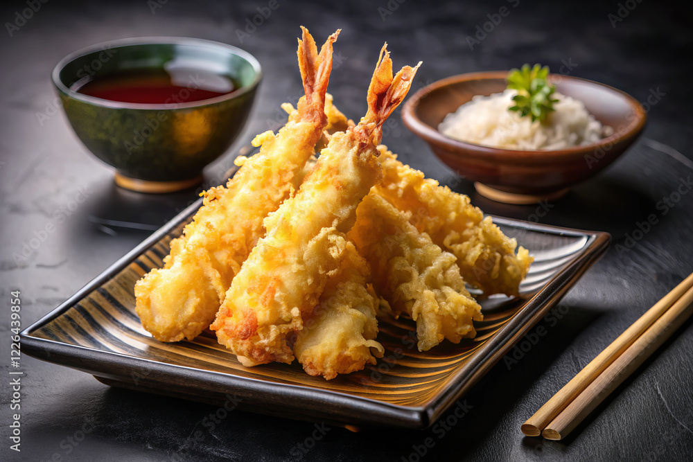 Crispy tempura shrimp served with dipping sauce and rice Crispy tempura shrimp served with dipping sauce and rice