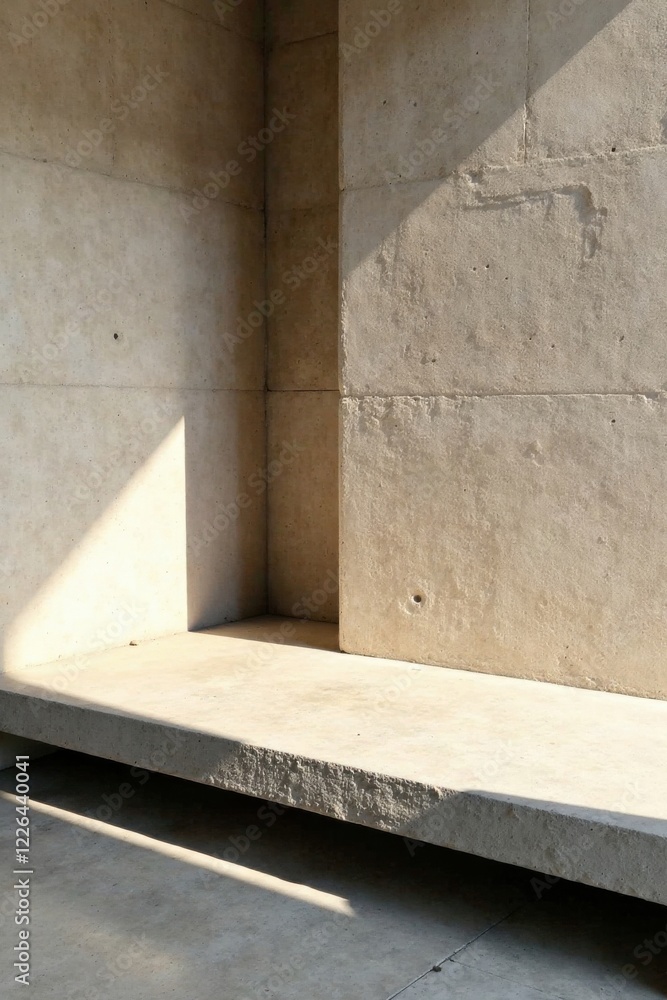 Sunlit Concrete Bench in Minimalist Architectural Space