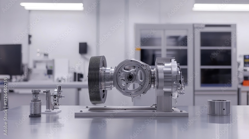 A disassembled turbocharger showing the compressor wheel and housing on a clean table. A disassembled turbocharger showing the compressor wheel and housing on a clean table.