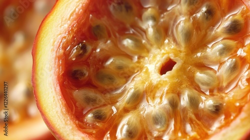 Close up of a passionfruit slice with seeds and pulp